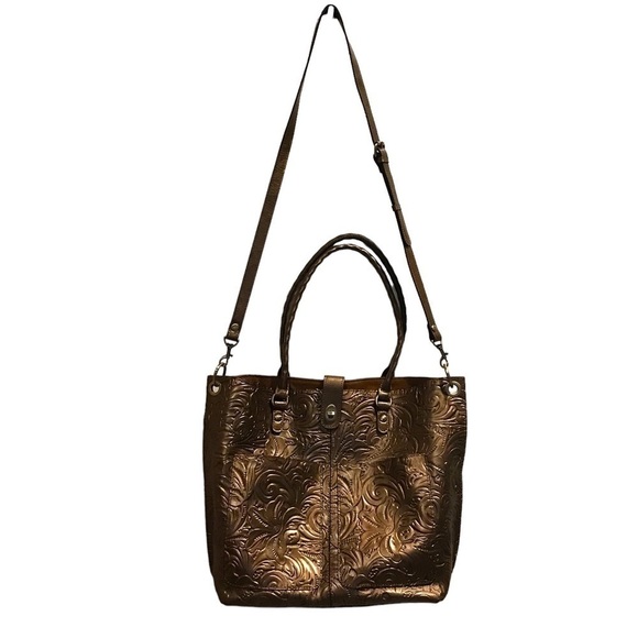 Patricia Nash Vintage Leather Tooled Metallic Bronze Large Tote Bag Crossbody